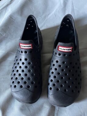 Hunter Men’s Black Slip-On Perforated Water Clogs with Red Logo